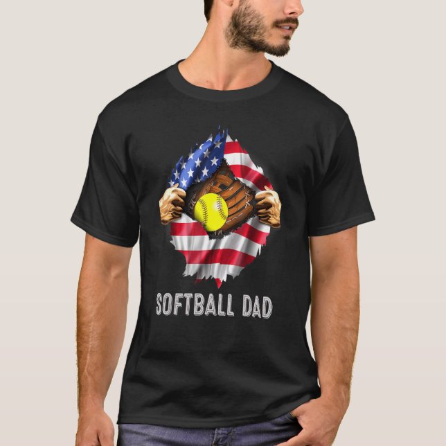 T-shirt Softball Papa Super Héros Américain Drapeau Pères  (Devant)