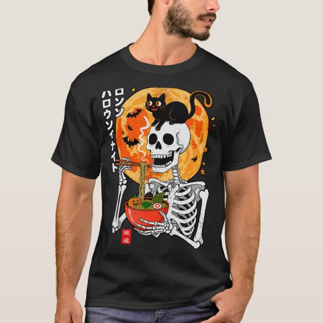 T-shirt Soky Skeleton Eating Ramen Bowl With Cat Halloween (Devant)