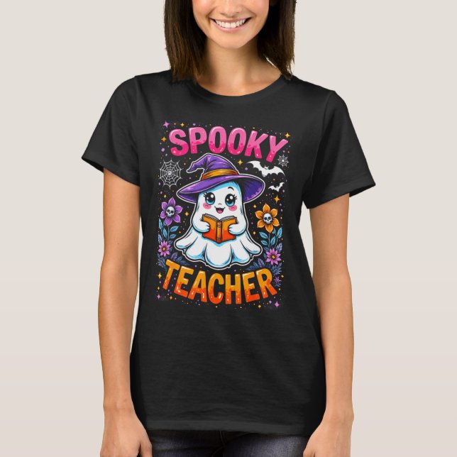 T-shirt Soky Teacher Cute Ghost Reading Book Funny Hallo  (Devant)