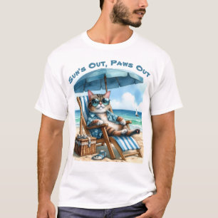 T-shirt Soleil Sortir Pws Chaise Plage Chat Parapluie Bleu