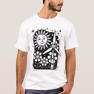 T-shirt Soleil Whimsical, Fleurs & Vent Turbine Eco Art
