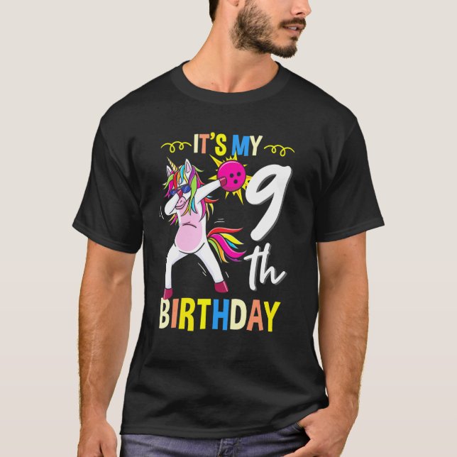 T-shirt Son 9 Anniversaire Bowling Dabbing Unicorn (Devant)
