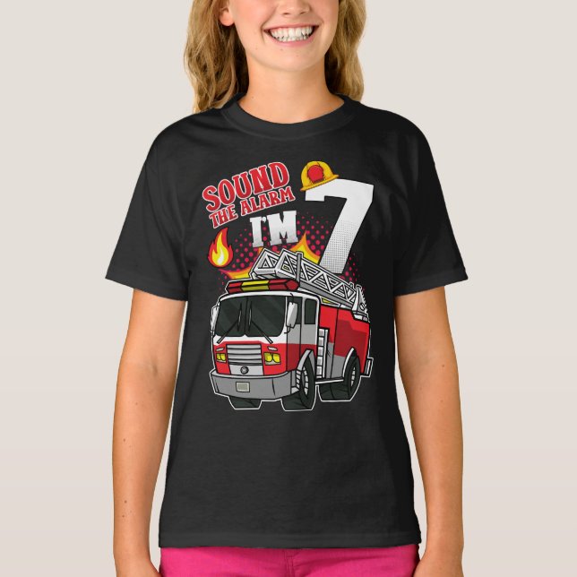 T-shirt Son L'alarme Je suis 7 Fille Pompier (Devant)