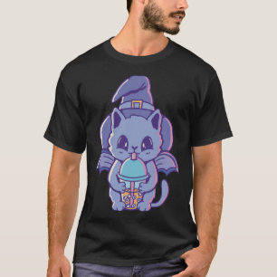 T-shirt Sorcière chatte colorée avec motif de boisson pour