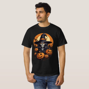 T-shirt Sorcière crâne avec citrouilles Art Halloween