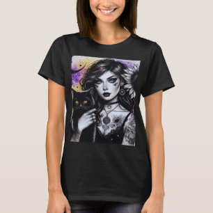 T-shirt Sorcière gothique céleste et chat noir