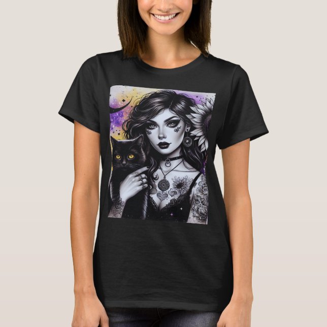 T-shirt Sorcière gothique céleste et chat noir (Devant)
