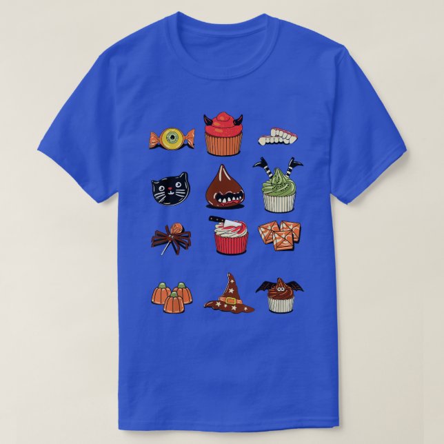 T-shirt Sorcière noir Cat Cupcake Eyeball Spider Bat Hallo (Design devant)