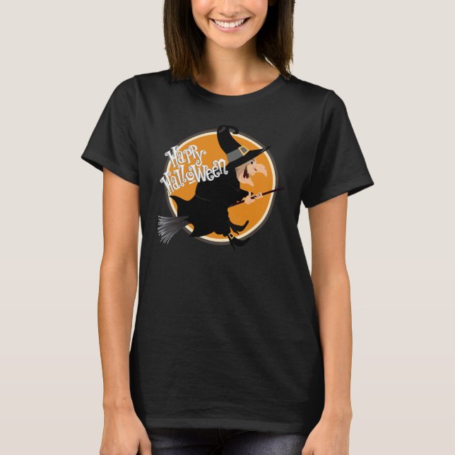 T-shirt Sorcière volant sur Broomstick Happy Halloween (Devant)