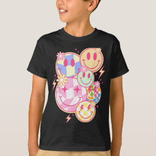T-shirt Sourire Rétro Groovy Fleur Visage Heureux Damier