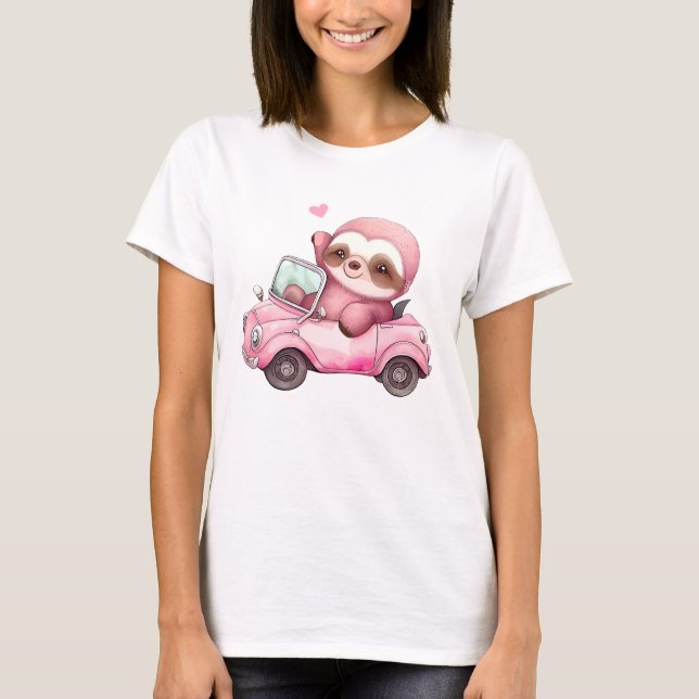 T-shirt Sourire rose Sloth conduisant une convertible (Devant)