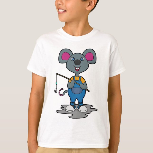 T-shirt Souris comme Fisher avec une baguette de pêche (Devant)