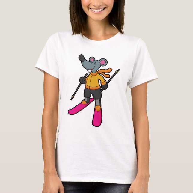 T-shirt Souris comme skieur avec ski (Devant)