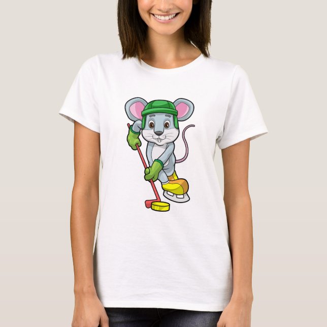 T-shirt Souris de hockey sur glace avec bâton de hockey (Devant)
