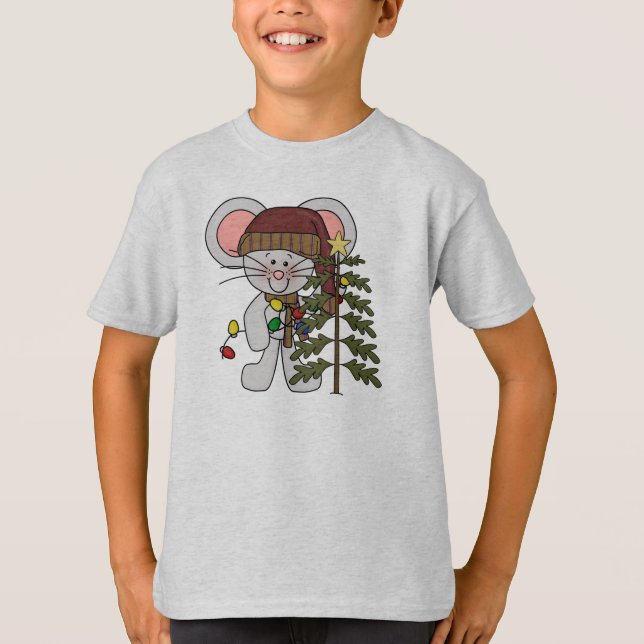 T-shirt Souris de Noël décorant l'arbre (Devant)