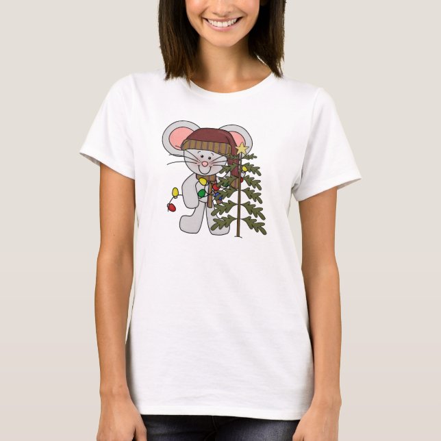 T-shirt Souris de Noël décorant l'arbre (Devant)
