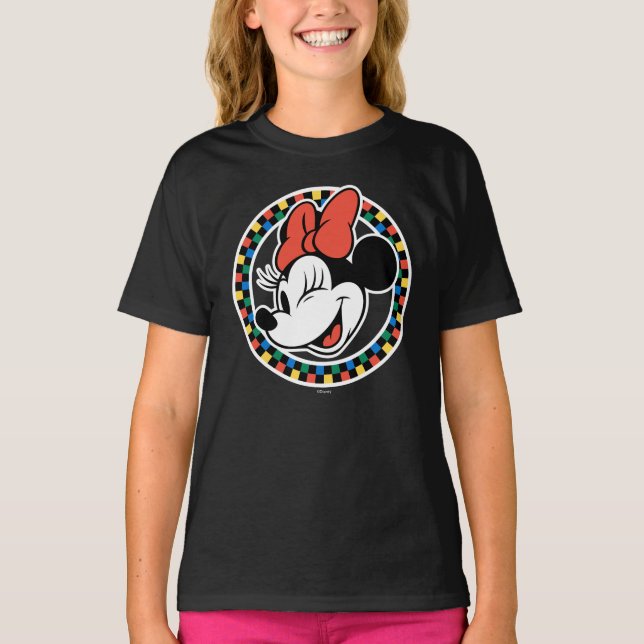 T-shirt Souris Minnie rétro classique À damiers couleur (Devant)