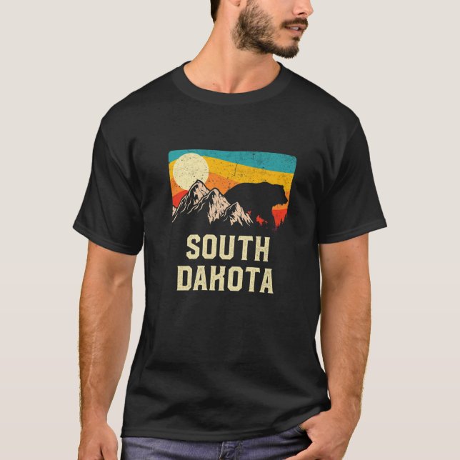 T-shirt South Dakota Nature Wild Bear Retro Sunset Hiking (Devant)
