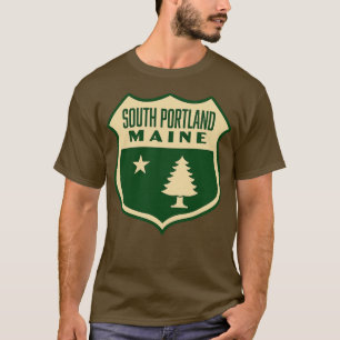 T-shirt South Portland Maine Retro Pine Tree Shield Tan