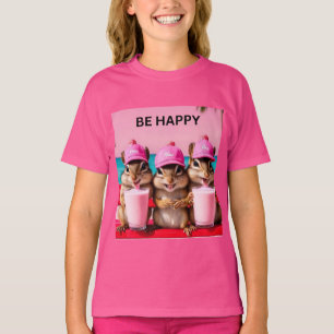 T-shirt Soyez heureux écureuils milkshakes rose fraise
