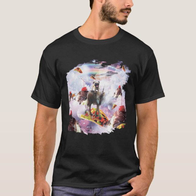 T-shirt Space Pug Riding Wolf Ice Cream & Taco (Devant)