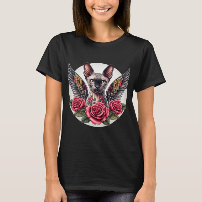 T-shirt Sphynx Chat Angel Design Rose (Devant)