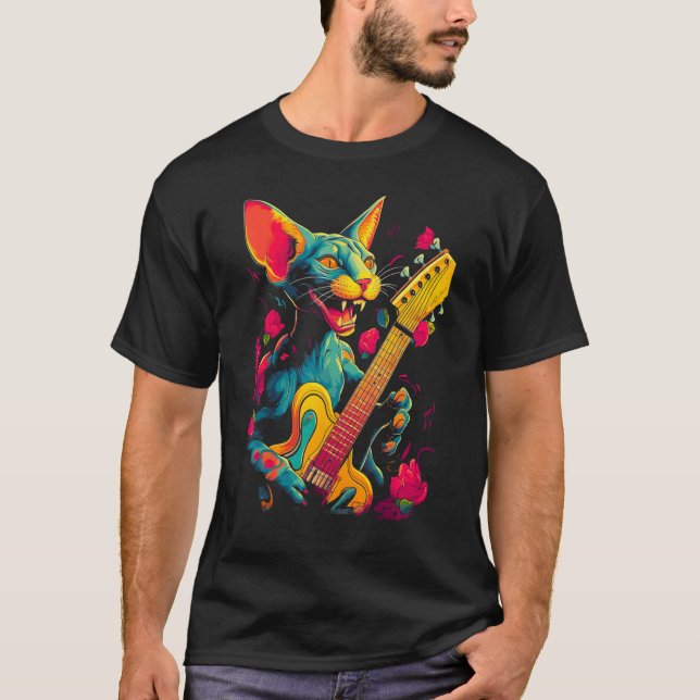 T-shirt Sphynx Hairless Cat Guitar (Devant)