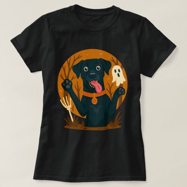 T-shirt Spooky Cute Black Dog with Ghost  (Design devant)