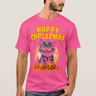 T-shirt Spooky Halloween Black Cat Full Orange Moon Happy 