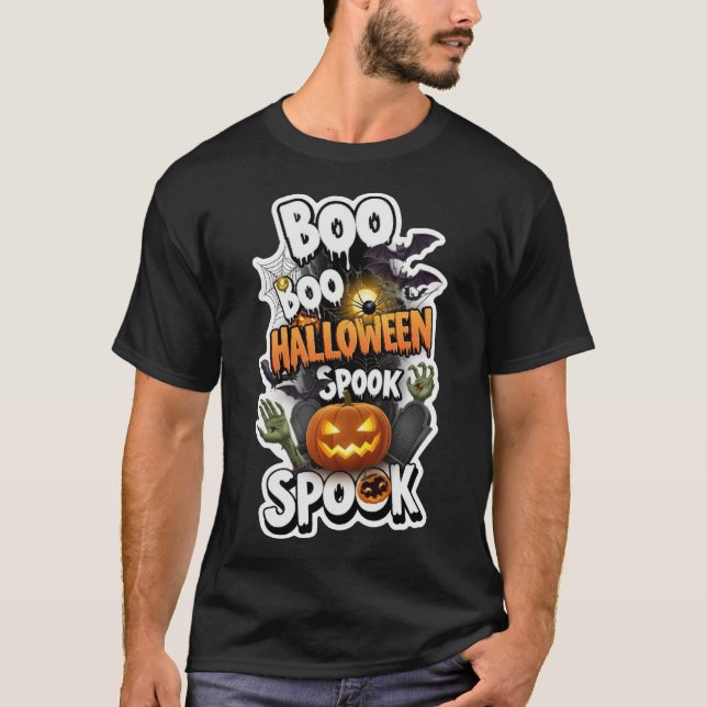 T-shirt Spooky Halloween design with pumpkins bats spider  (Devant)