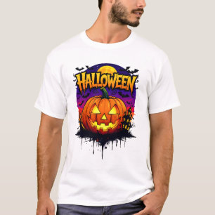 T-shirt Spooky Halloween Pumpkin Design with Moonlit Sky a