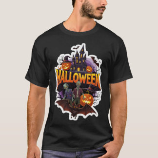 T-shirt Spooky Halloween scene with zombies castle and pum