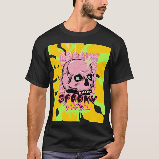 T-shirt Spooky Vibes – Pink Skull Aesthetic Design (Devant)