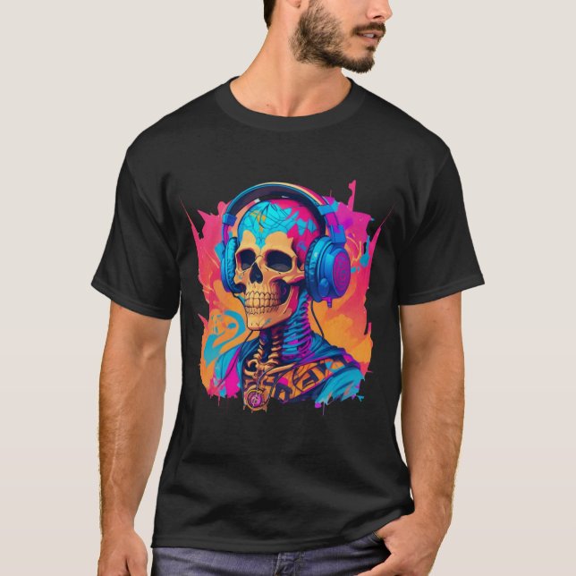 T-shirt Squelette avec casque Crâne coloré (Devant)