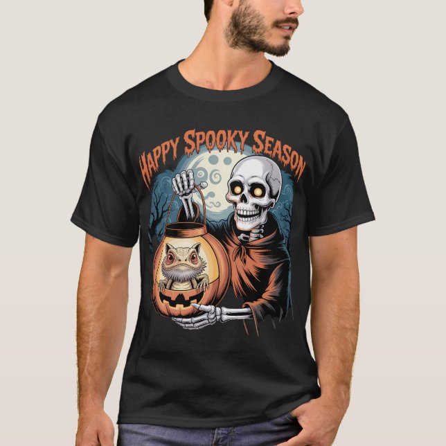 T-shirt Squelette avec Lizard dans Lanterne Citrouille (Devant)