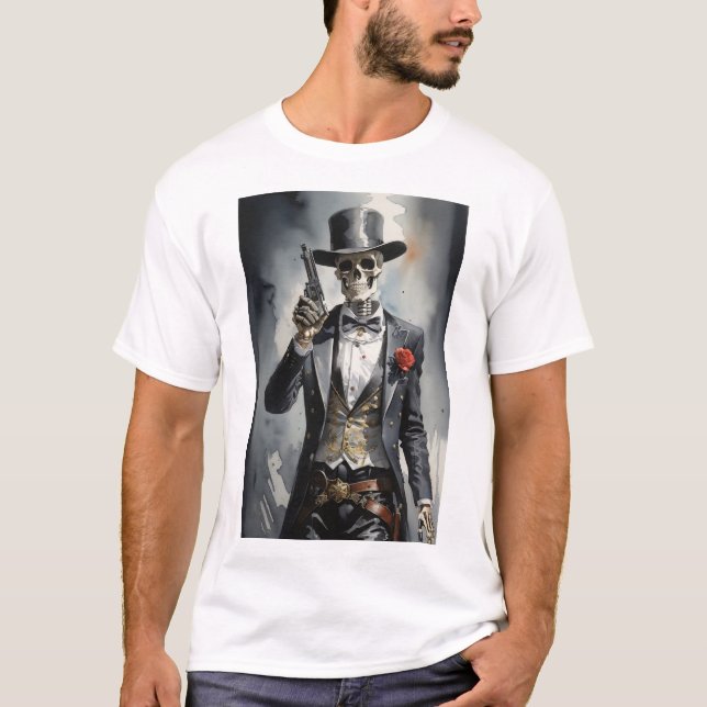 T-shirt Squelette avec tuxedo noir tenant un revolver (Devant)
