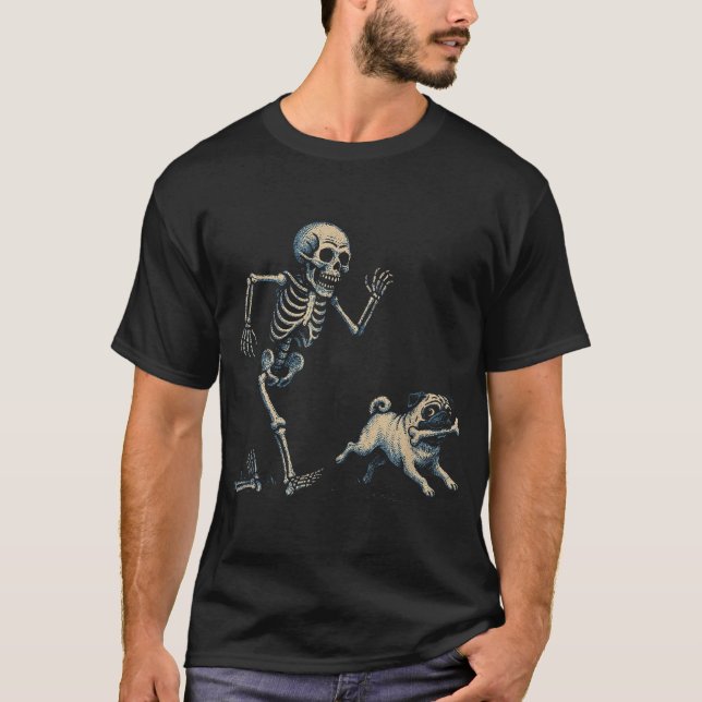 T-shirt Squelette Chasse Carlin Halloween Chien (Devant)
