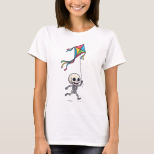 T-shirt Squelette Chibi Heureux Courant avec un Cerf-Volan