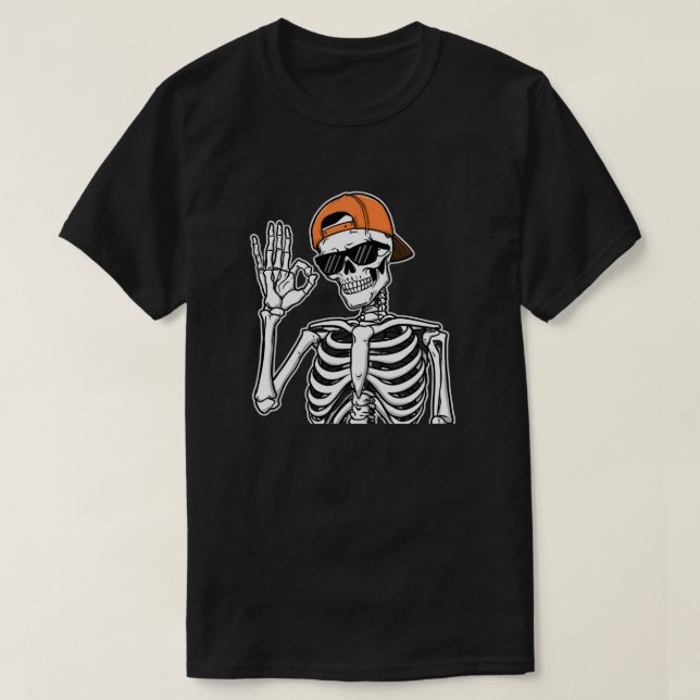 T-shirt Squelette cool avec Casquette orange | Halloween h (Design devant)