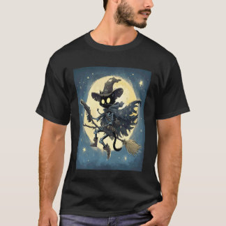 T-shirt Squelette de chat noir portant un chapeau de sorci
