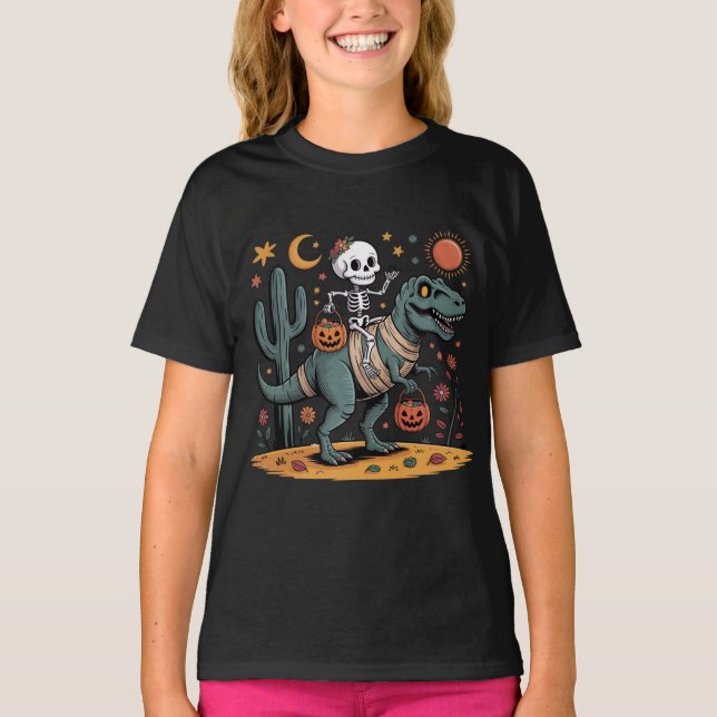 T-shirt Squelette de dessin et T-Rex avec seaux de bonbons (Devant)