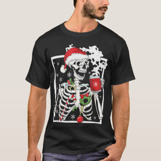 T-shirt Squelette De Noël Avec Crâne Souriant Boire Cof