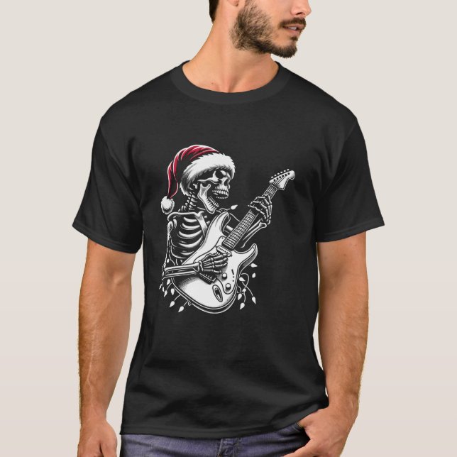 T-shirt Squelette de Noël Jouer Guitare Santa Hat Guitare (Devant)