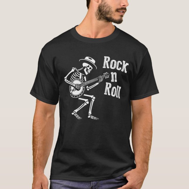 T-shirt Squelette de rock n roll drôle. (Devant)