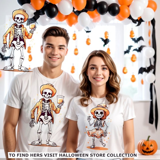T-shirt Squelette d'Halloween en train de boire roi (Halloween couple matching tshirt female skeleton male skeleton celebrating halloween.)
