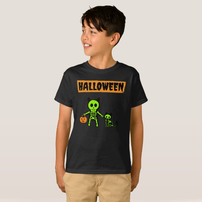 T-shirt Squelette d'Halloween et chat (Devant entier)