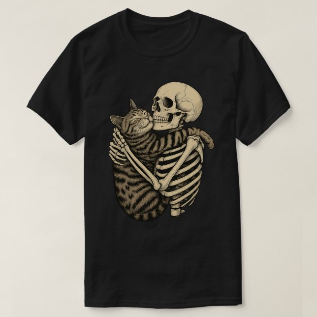 T-shirt Squelette éffrayant et chat Hug - Halloween Déplai (Design devant)
