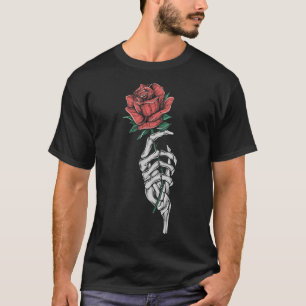 T-shirt Squelette Halloween vintage Main Avec Fleur Rose
