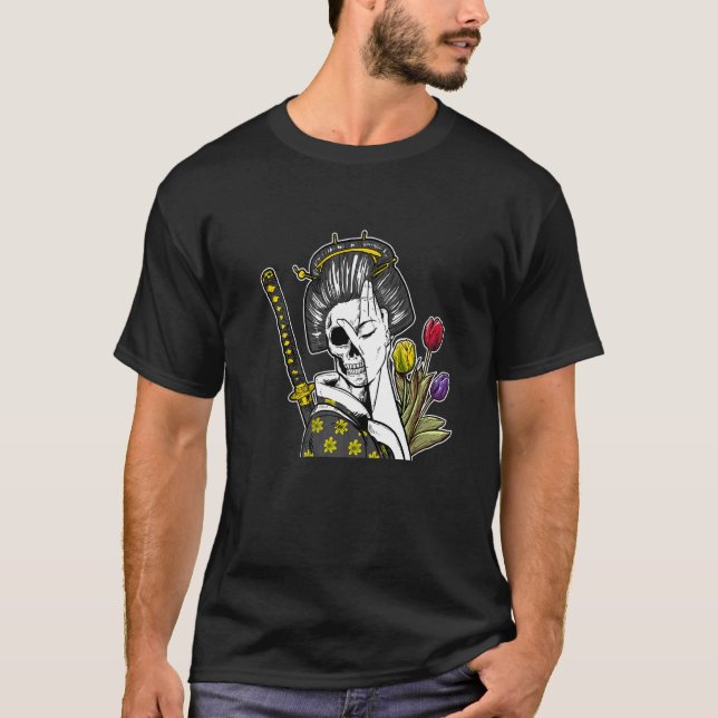 T-shirt Squelette japonais Samurai Geisha (Devant)