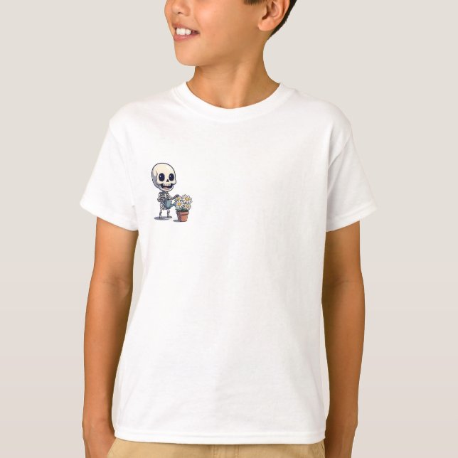 T-shirt Squelette joyeux arrosant des fleurs de marguerite (Devant)